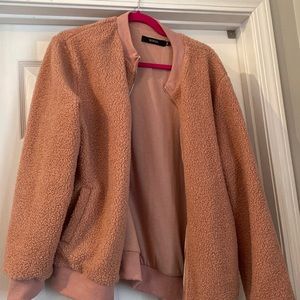 Excellent like new condition pale pinK fuzzy bomber jacket. XL Mirol brand